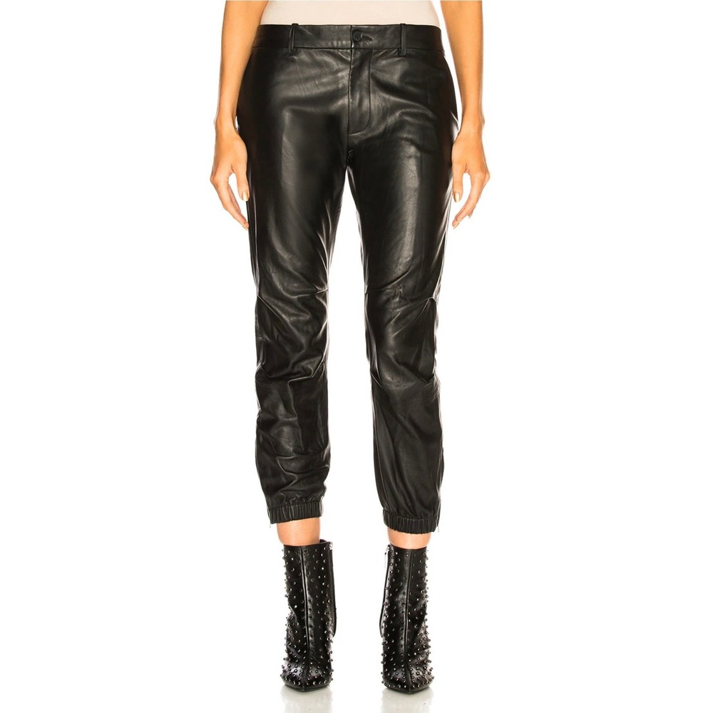 NILI LOTAN Leather Cropped French Military Pants Women 4 Black Ankle Zip Jogger